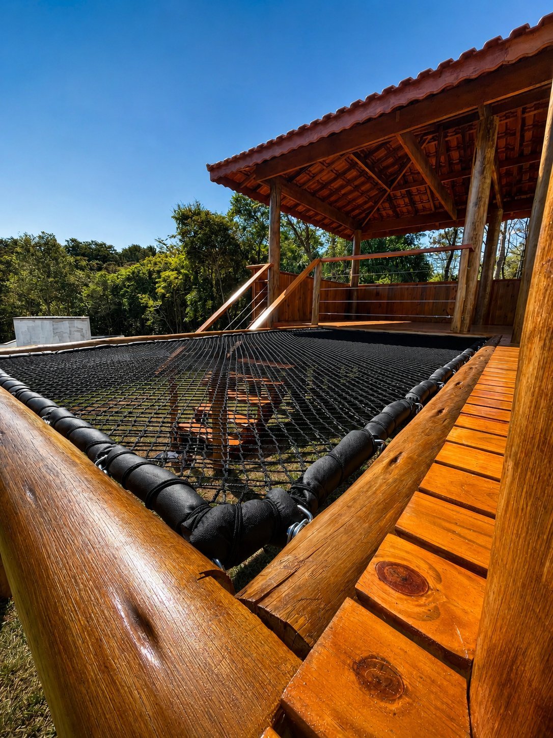 Rede suspensa instalada em deck coberto com telhado de telha